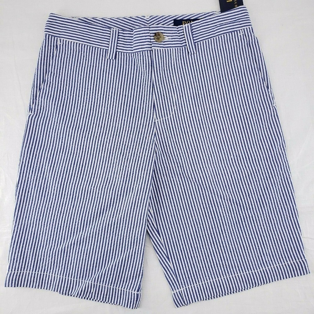 Polo Ralph Lauren Boys Seersucker Shorts Size 14 Blue White Stripe Cotton Preppy